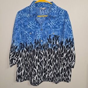 B#11 Southern Lady Petite Blue Animal Print 3/4‎ Sleeve Button Down Shirt sz  PL